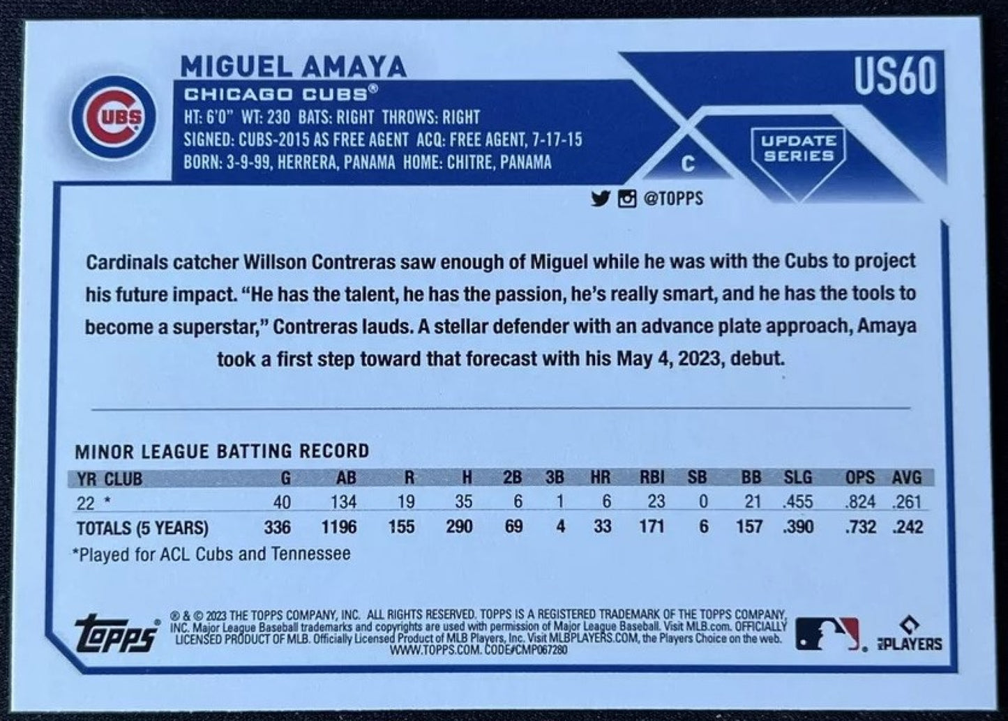 2023 Topps Update Miguel Amaya RC Rookie #US60 Cubs